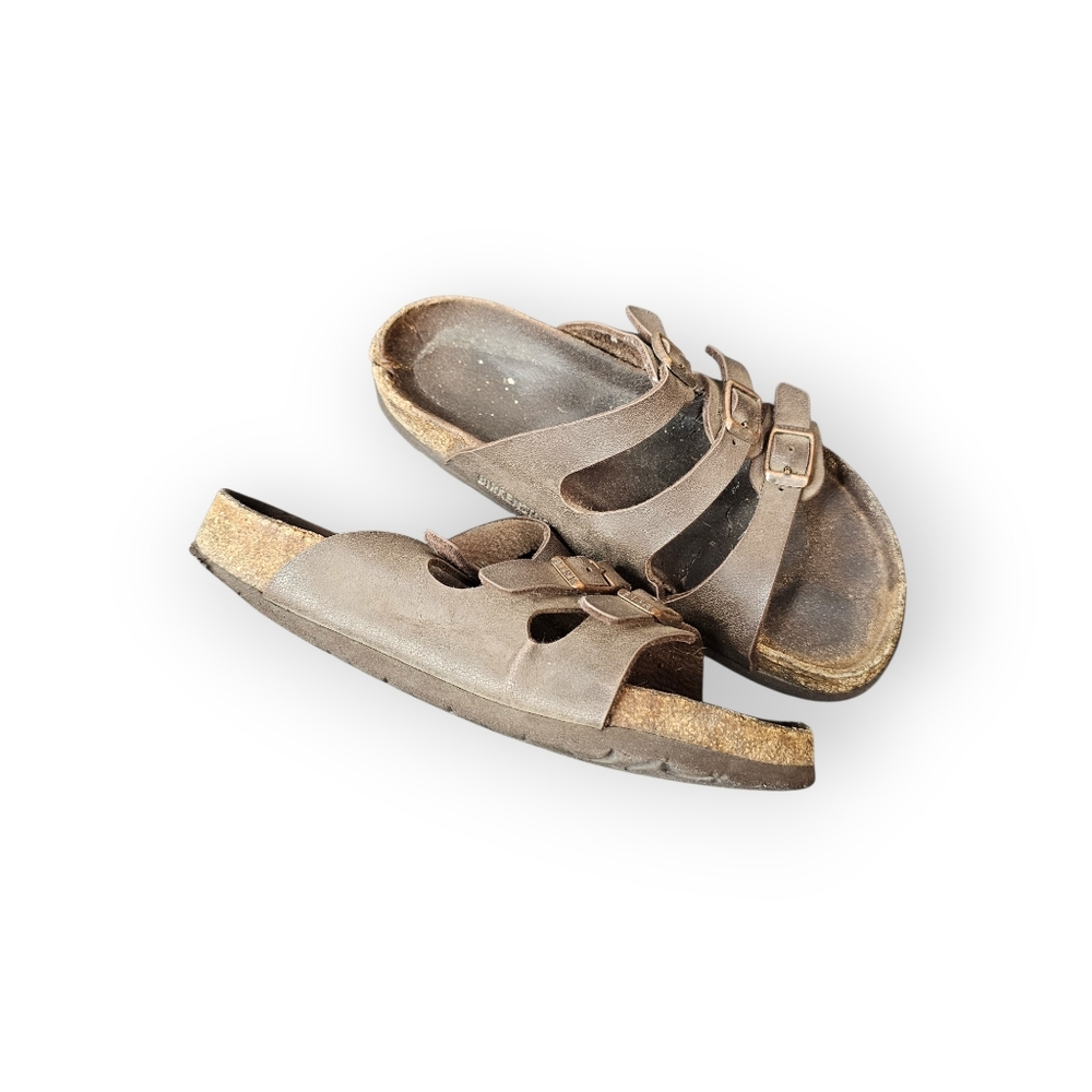 Birkenstock Brown Leather 3 Strap Sandals Comfort Footbed Buckle Slides - Picture 3 of 4
